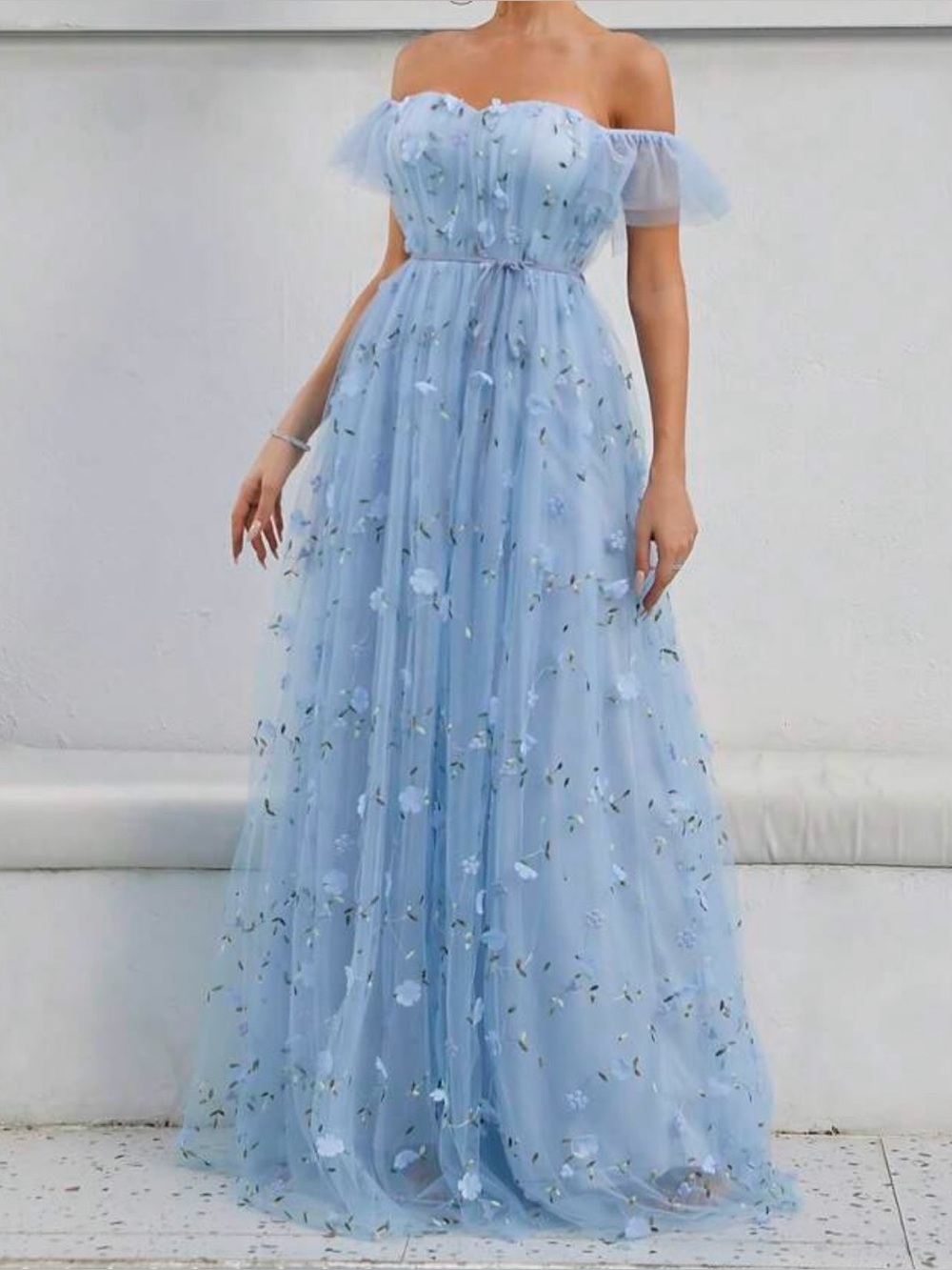 SHEIN Powder Blue Off-Shoulder Floral Tulle Maxi Dress Size 12